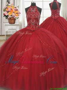 Free and Easy Red 15th Birthday Dress Military Ball and Sweet 16 and Quinceanera and For with Beading and Appliques Halter Top Sleeveless Court Train Lace Up