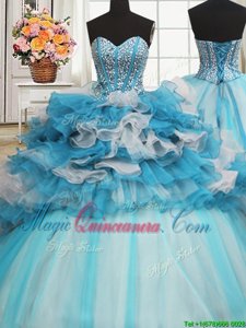 Romantic Visible Boning Beaded Bodice Blue And White Ball Gowns Beading and Ruffled Layers Quinceanera Dress Lace Up Tulle Sleeveless Floor Length