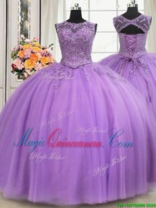 Cheap See Through Scoop Sleeveless Tulle Quinceanera Gown Beading and Appliques Lace Up