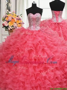 Inexpensive Beaded Bodice Organza Sleeveless Floor Length Ball Gown Prom Dress and Beading and Ruffles
