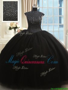 High Neck Black High-neck Neckline Beading Quinceanera Gowns Cap Sleeves Zipper