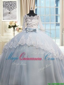Scalloped Half Sleeves Beading and Lace and Bowknot Lace Up Quinceanera Gowns with Light Blue Brush Train
