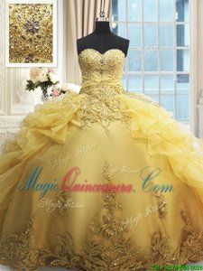 Edgy Sweetheart Sleeveless 15 Quinceanera Dress Floor Length Beading and Appliques and Ruffles Yellow Organza