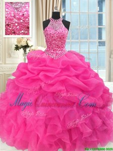 Luxurious See Through Beaded Bodice Sleeveless Floor Length Beading and Ruffles and Pick Ups Lace Up Quince Ball Gowns with Hot Pink