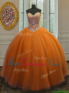 Custom Designed Orange Taffeta Lace Up Sweet 16 Dresses Sleeveless Floor Length Beading