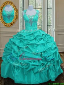 Popular Aqua Blue Ball Gowns Straps Sleeveless Taffeta Floor Length Lace Up Beading and Pick Ups Quince Ball Gowns