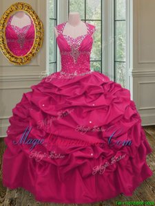 Straps Straps Hot Pink Sleeveless Floor Length Beading and Pick Ups Lace Up Quince Ball Gowns