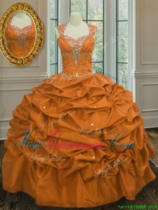 Hot Selling Straps Straps Sleeveless Floor Length Beading and Pick Ups Lace Up Quince Ball Gowns with Orange