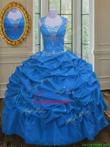New Arrival Straps Straps Blue Sleeveless Floor Length Beading and Pick Ups Lace Up Sweet 16 Dress