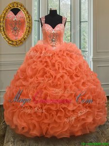 Shining Straps Straps Orange Red Sleeveless Floor Length Beading and Ruffles Zipper Quinceanera Dresses