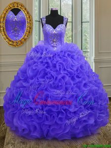 Sumptuous Straps Straps Sleeveless Organza Floor Length Zipper Quinceanera Gown in Purple for with Beading and Ruffles