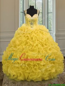 Charming Gold Organza Zipper Sweetheart Sleeveless Floor Length Quinceanera Gown Beading and Ruffles