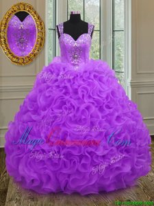 Elegant Straps Straps Purple Sleeveless Beading and Ruffles Floor Length 15 Quinceanera Dress