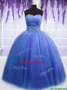 Fancy Blue Ball Gowns Tulle Sweetheart Sleeveless Beading and Belt Floor Length Lace Up Quince Ball Gowns