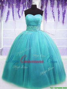 Deluxe Floor Length Blue Sweet 16 Dress Tulle Sleeveless Belt
