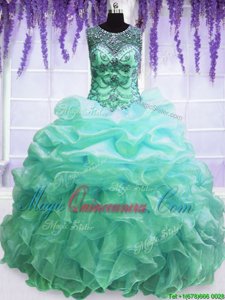 Captivating Turquoise Lace Up Scoop Beading and Pick Ups Sweet 16 Quinceanera Dress Organza Sleeveless
