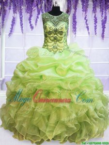 Traditional Scoop Yellow Green Sleeveless Beading and Pick Ups Floor Length 15th Birthday Dress