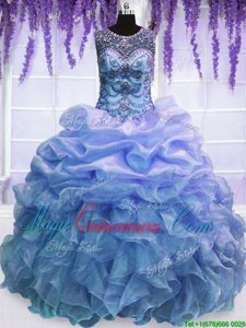 Smart Scoop Sleeveless Floor Length Beading and Ruffles Lace Up Sweet 16 Dresses with Blue