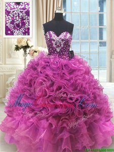 Sweetheart Sleeveless Organza Quinceanera Dress Beading and Ruffles Lace Up
