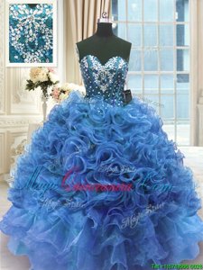 Sweetheart Sleeveless Lace Up Quinceanera Dresses Blue Organza
