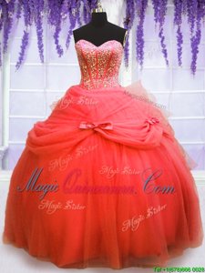 Coral Red Sweetheart Neckline Beading and Bowknot Quinceanera Dress Sleeveless Lace Up