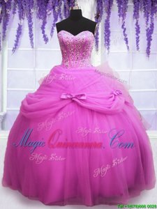 Sleeveless Tulle Floor Length Lace Up Quince Ball Gowns in Lilac for with Beading and Sequins and Bowknot