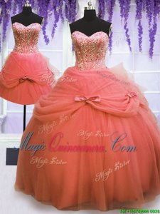Three Piece Tulle Sweetheart Sleeveless Lace Up Beading and Bowknot Sweet 16 Quinceanera Dress in Watermelon Red