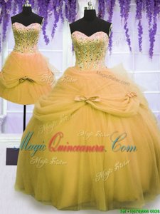 Three Piece Sweetheart Sleeveless Tulle Quinceanera Dresses Beading and Bowknot Lace Up