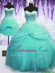 Three Piece Beading and Bowknot Sweet 16 Dress Aqua Blue Lace Up Sleeveless Floor Length