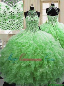 Popular Halter Top Tulle Lace Up Quinceanera Gowns Sleeveless Floor Length Beading and Ruffles