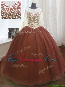 Glamorous Burgundy Ball Gowns Organza Scoop Long Sleeves Beading and Sequins Lace Up 15th Birthday Dress Sweep Train