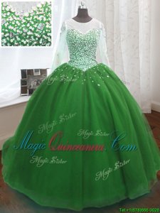 Beauteous Scoop Green Lace Up Quinceanera Gown Beading and Sequins Long Sleeves Sweep Train