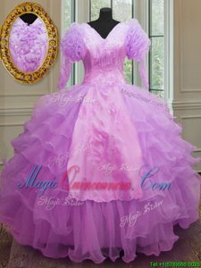 Long Sleeves Floor Length Ruffled Layers Zipper Quinceanera Gowns with Lilac