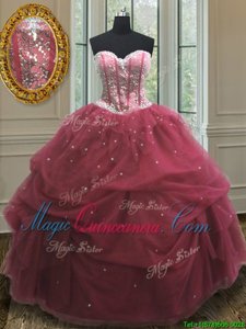 Free and Easy Sequins Pick Ups Sweetheart Sleeveless Lace Up 15th Birthday Dress Burgundy Organza