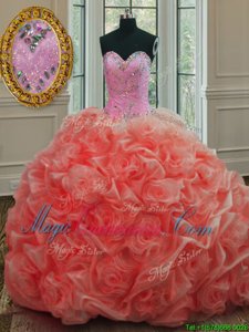 Sleeveless Organza Sweep Train Lace Up Vestidos de Quinceanera in Watermelon Red for with Beading and Pick Ups