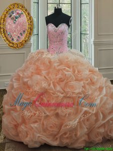 Peach Ball Gowns Organza Sweetheart Sleeveless Beading and Pick Ups Lace Up 15th Birthday Dress Sweep Train