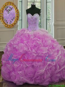 Chic Sweetheart Sleeveless Organza 15 Quinceanera Dress Beading and Pick Ups Sweep Train Lace Up