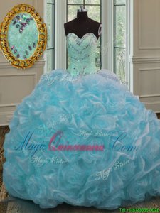 Smart Blue 15th Birthday Dress Organza Sweep Train Sleeveless Beading and Pick Ups