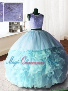 Scoop With Train Baby Blue Quinceanera Dress Organza and Tulle and Lace Brush Train Sleeveless Beading and Lace and Ruffles