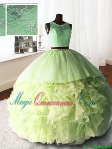 Scoop Yellow Green Ball Gowns Beading and Lace and Ruffles Sweet 16 Dress Zipper Organza and Tulle and Lace Sleeveless With Train
