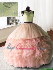 Scoop Baby Pink Sleeveless Organza and Tulle and Lace Brush Train Zipper Ball Gown Prom Dress for Military Ball and Sweet 16 and Quinceanera
