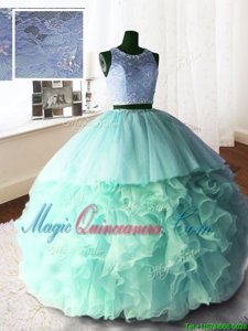 Graceful Lace With Train Apple Green Sweet 16 Dress Scoop Sleeveless Brush Train Zipper