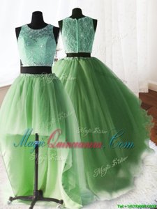 Comfortable Three Piece Scoop Yellow Green Sleeveless Organza and Tulle and Lace Brush Train Zipper Sweet 16 Dress for Military Ball and Sweet 16 and Quinceanera