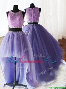 Fantastic Three Piece Lavender Ball Gowns Organza and Tulle and Lace Scoop Sleeveless Beading and Lace and Ruffles With Train Zipper Quince Ball Gowns Brush Train