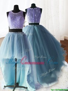 Artistic Three Piece Scoop With Train Zipper Quince Ball Gowns Baby Blue and In for Military Ball and Sweet 16 and Quinceanera with Beading and Lace and Ruffles Brush Train