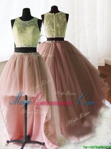 Three Piece Scoop Beading and Lace and Ruffles Quinceanera Dresses Baby Pink Zipper Sleeveless With Brush Train
