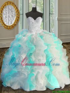 White and Green Sleeveless Beading and Ruffles Floor Length Quinceanera Dresses