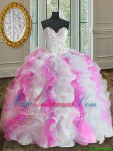 Sweetheart Sleeveless Lace Up 15th Birthday Dress White and Pink Organza