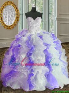 Floor Length White and Purple Quince Ball Gowns Organza Sleeveless Beading and Ruffles
