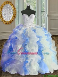Spectacular White and Blue Organza Lace Up Quince Ball Gowns Sleeveless Floor Length Beading and Ruffles
